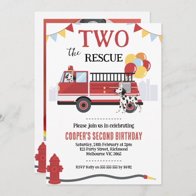 Photo Two The Rescue Fire Engine 2nd Birthday Invitation (Front/Back)