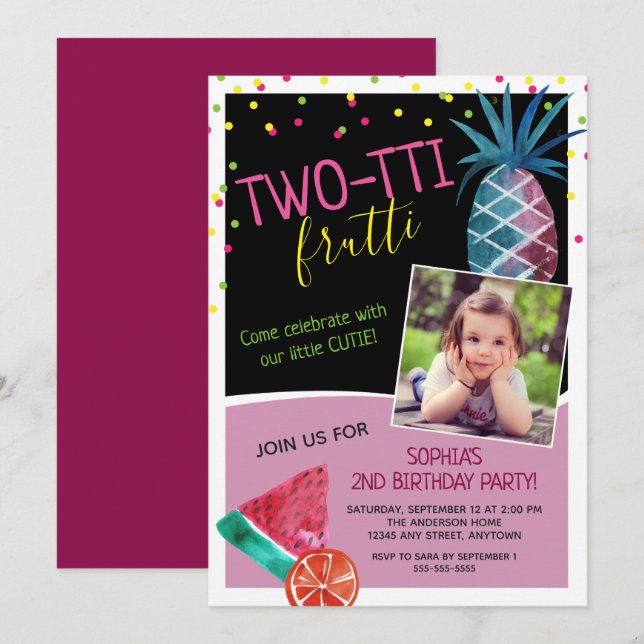 Photo Two-tti Frutti Watercolor 2nd Birthday Party Invitation (Front/Back)
