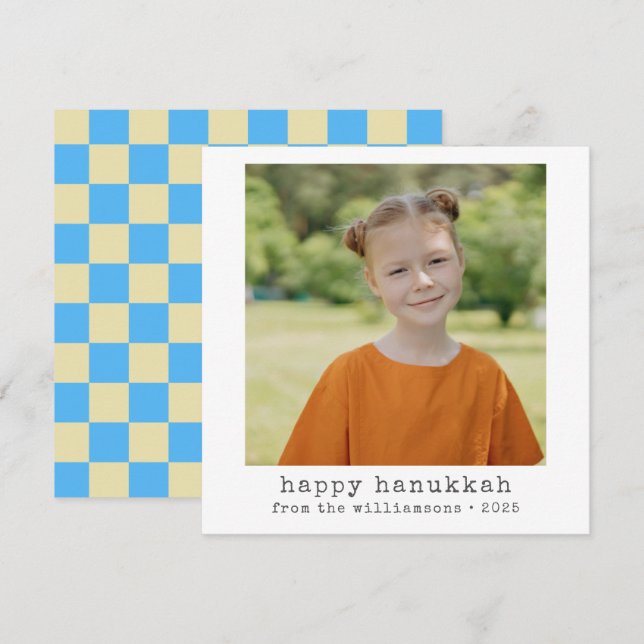 Photo Typewriter Retro Blue Checkerboard Hanukkah Holiday Card (Front/Back)