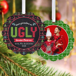 Photo Ugly Sweater Christmas Chalkboard Holiday Ornament Card<br><div class="desc">“Have yourselves an ugly sweater Christmas.” Celebrate the holiday season in “style” with this unique, fun keepsake paper ornament card! Cute, whimsical trees, reindeer, ornaments, and playful “sweater” typography in red, green and aqua blue, overlay a chalkboard background on the front. Your custom photo is on the back. Customize with...</div>