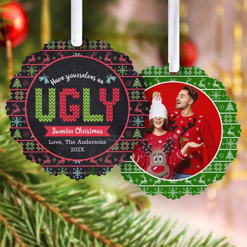 Photo Ugly Sweater Christmas Chalkboard Holiday Ornament Card