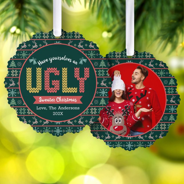 Photo Ugly Sweater Christmas Nordic Green Holiday Ornament Card (Creator Uploaded)