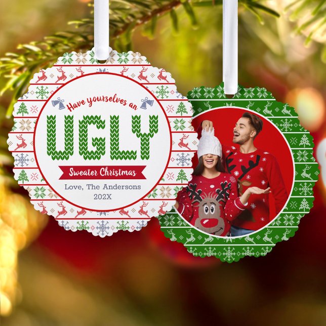 Photo Ugly Sweater Christmas Red Green Holiday Ornament Card (Creator Uploaded)