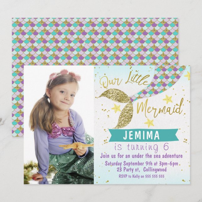 Photo Under Sea Mermaid Tail Birthday Invitation (Front/Back)