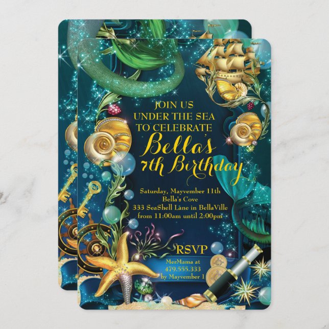 Photo Under the Sea Pirate Mermaid Party Invite (Front/Back)