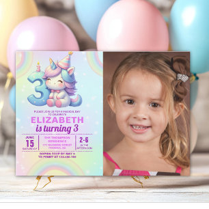 Photo Unicorn 3rd Birthday – Rainbow Girl party Invitation