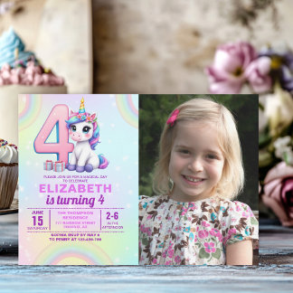 “Photo Unicorn 4th Birthday – Colorful Rainbow Invitation