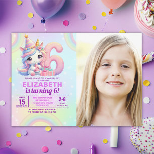 Photo Unicorn 6th Birthday – Rainbow Girl party Invitation