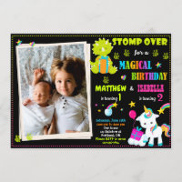 Photo Unicorn and Dinosaur birthday invitation