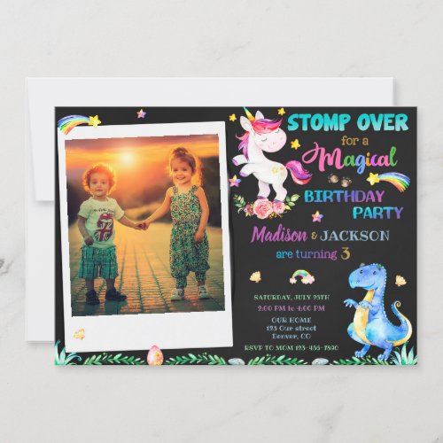 Photo Unicorn and Dinosaur birthday invitation