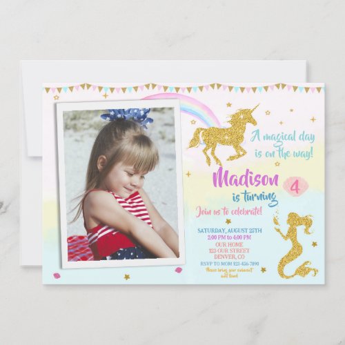 Photo unicorn and mermaid birthday invitation girl