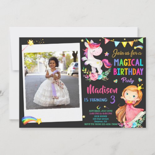 Photo Unicorn and Princess birthday invitation