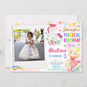 Photo Unicorn and Princess birthday invitation