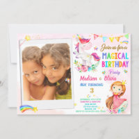 Photo Unicorn and Princess birthday invitation