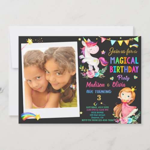 Photo Unicorn and Princess birthday invitation