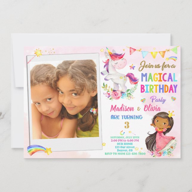 Photo Unicorn and Princess birthday invitation (Front)