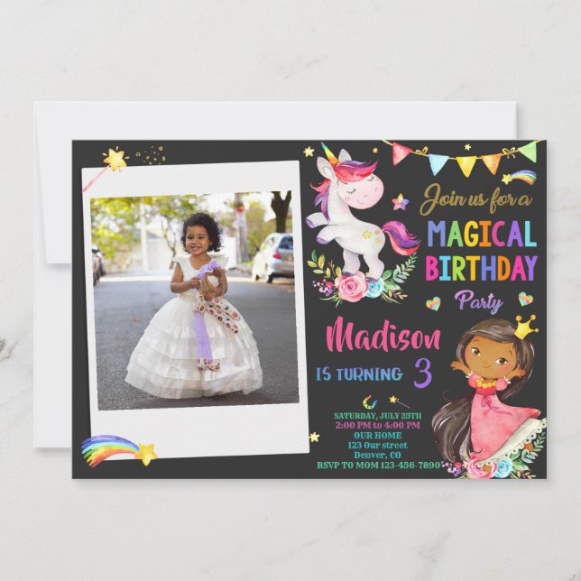 Photo Unicorn and Princess birthday invitation (Front)