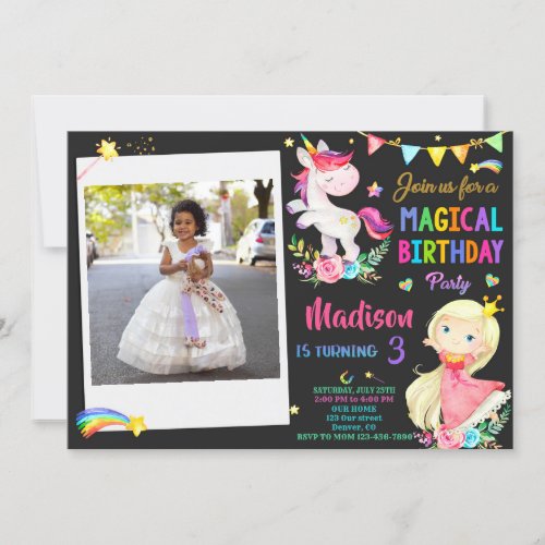 Photo Unicorn and Princess birthday invitation