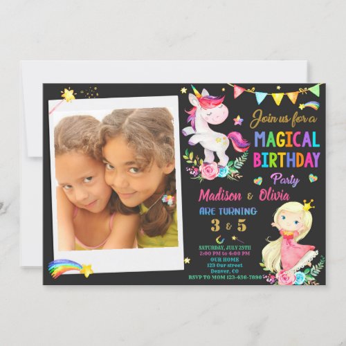 Photo Unicorn and Princess birthday invitation