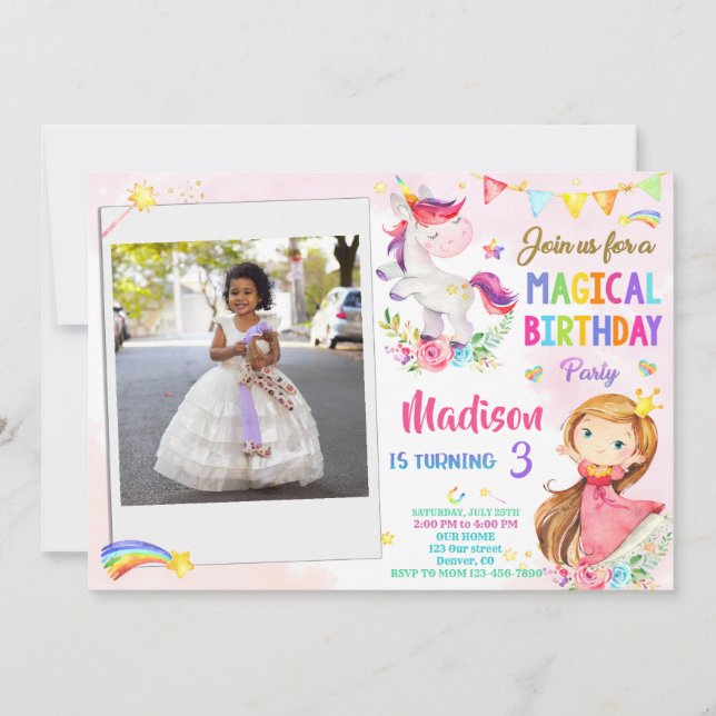 Photo Unicorn and Princess birthday invitation (Front)