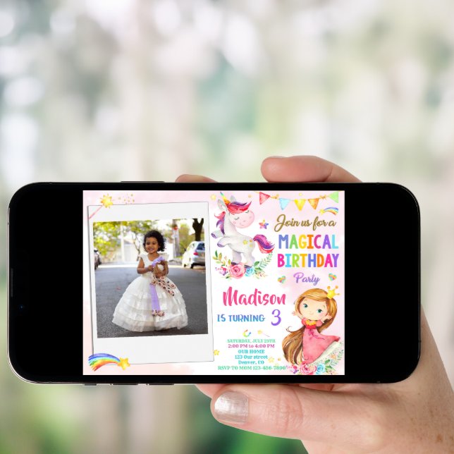 Photo Unicorn and Princess birthday invitation (Front Digital)