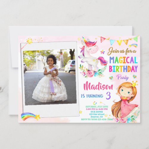 Photo Unicorn and Princess birthday invitation