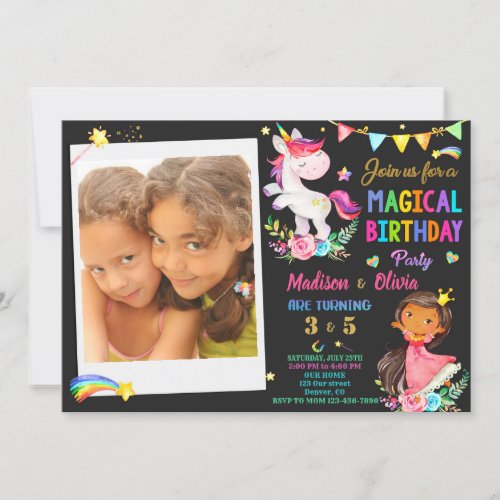 Photo Unicorn and Princess birthday invitation