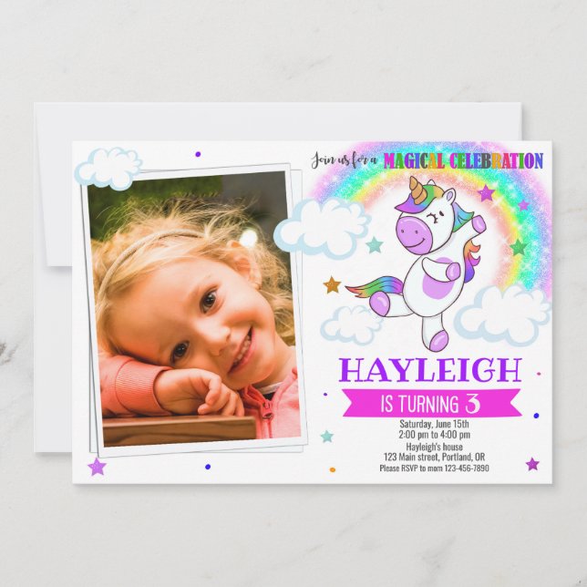 Photo Unicorn birthday invitation Magical invite (Front)