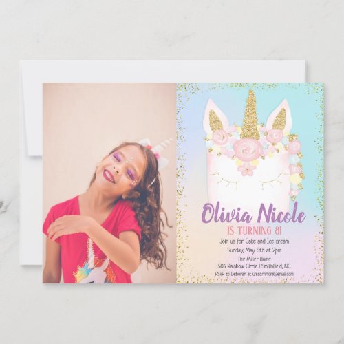 Photo Unicorn Cake Glitter Birthday Invitation