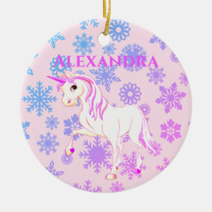 Photo Unicorn Christmas Snowflakes Cute Pink Kids Ceramic Ornament