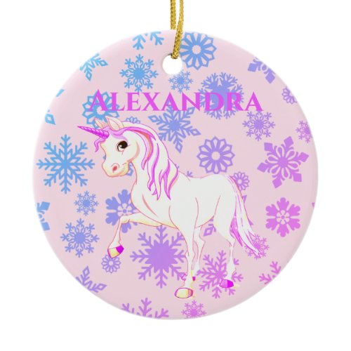 Photo Unicorn Christmas Snowflakes Cute Pink Kids Ceramic Ornament