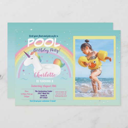 Photo Unicorn Pool Party Birthday Rainbow Float Invitation