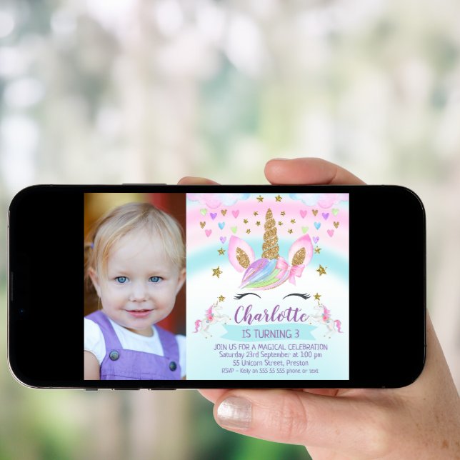 Photo Unicorn Rainbow Birthday Invitation (Front Digital)