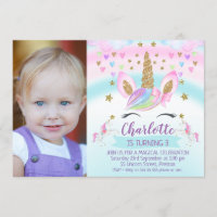 Photo Unicorn Rainbow Birthday Invitation