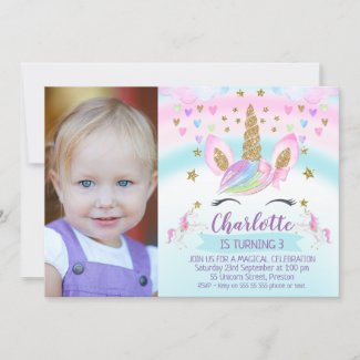 Photo Unicorn Rainbow Birthday Invitation