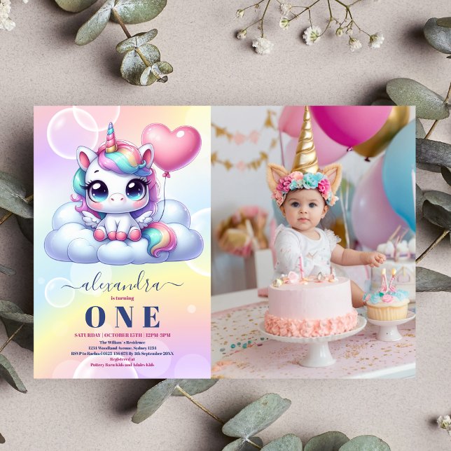 Photo Unicorn Rainbow Sparkles Gold 1st Birthday Invitation (Creator Uploaded)