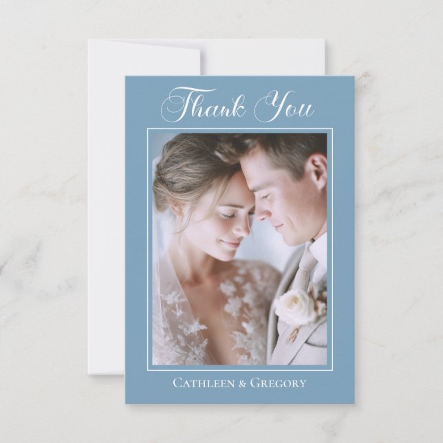 Photo Upload Dusty Blue Floral Wedding Calligraphy Thank You Card (Front)