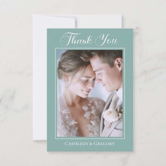 Photo Upload Sage Green Floral Wedding Calligraphy Thank You Card (Front)