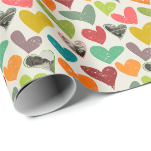 Photo Valentine's Day Colorful Grunge Hearts Wrapping Paper