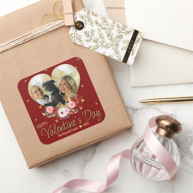Photo Valentine's Day Heart Gold Glitter Heart Red Square Sticker (Gifting)