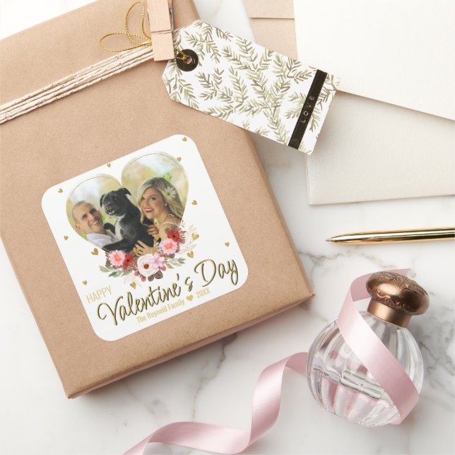 Photo Valentine's Day Heart Gold Glitter Hearts Square Sticker (Gifting)