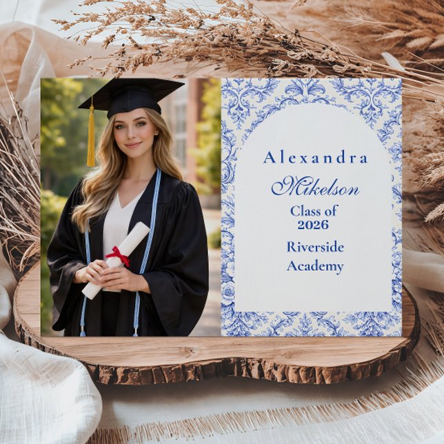 Photo Vintage Blue Botanical Graduation Party Announcement (Creator Uploaded)