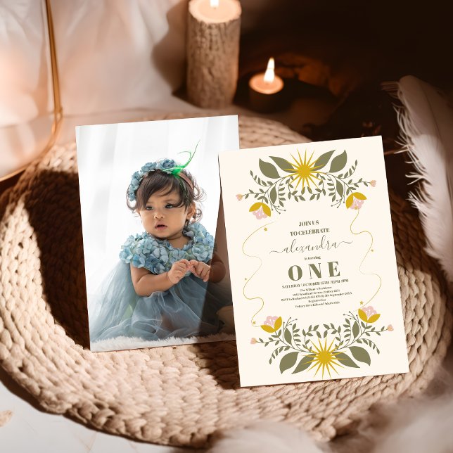 Photo Vintage Celestial Botanical 1st Birthday Invitation (Creator Uploaded)