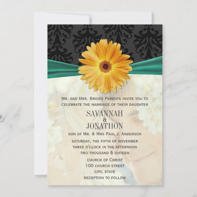 Photo Vintage Damask Emerald Gerber Daisy Wedding Invitation (Front)