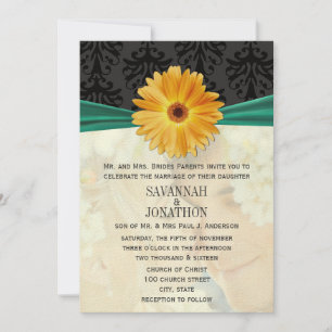 Photo Vintage Damask Emerald Gerber Daisy Wedding Invitation