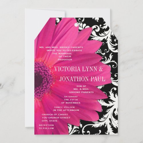 Photo Vintage Damask Pink Gerber Daisy Wedding Invitation