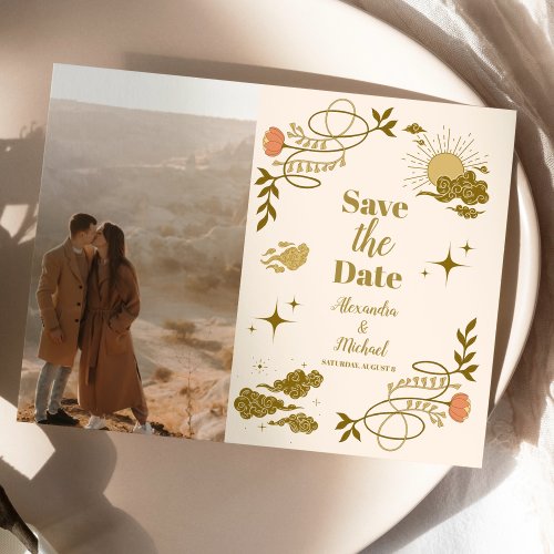 Photo Vintage Gold Mystical Botanical Wedding Save The Date