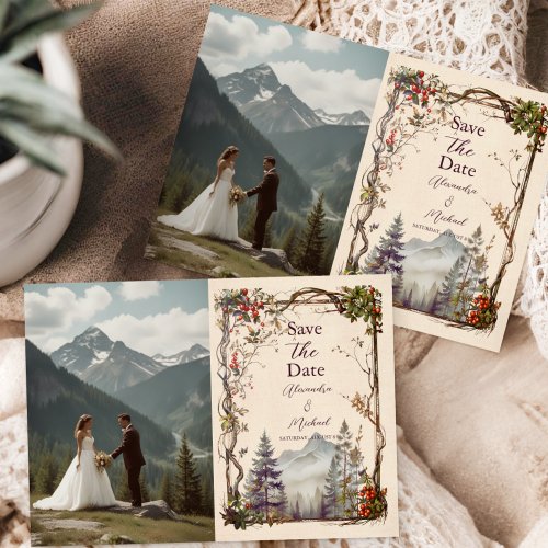 Photo Vintage Mountain Forest Evergreen Wedding Save The Date