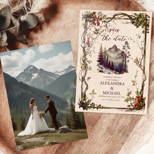 Photo Vintage Mountain Forest Evergreen Wedding Save The Date