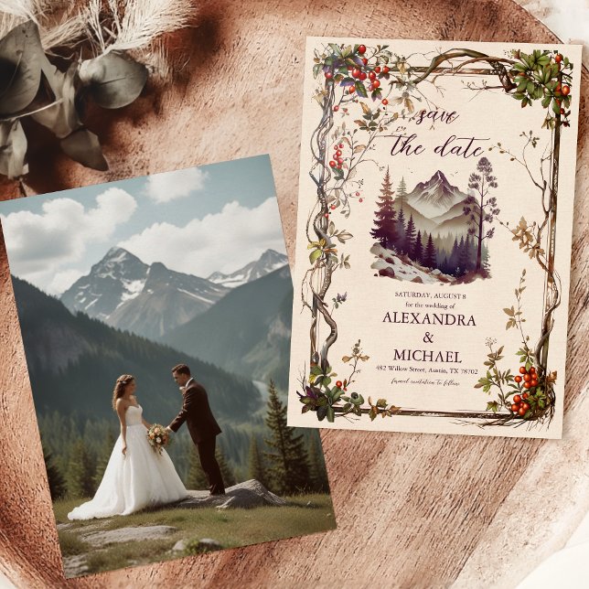 Photo Vintage Mountain Forest Evergreen Wedding Save The Date (Creator Uploaded)